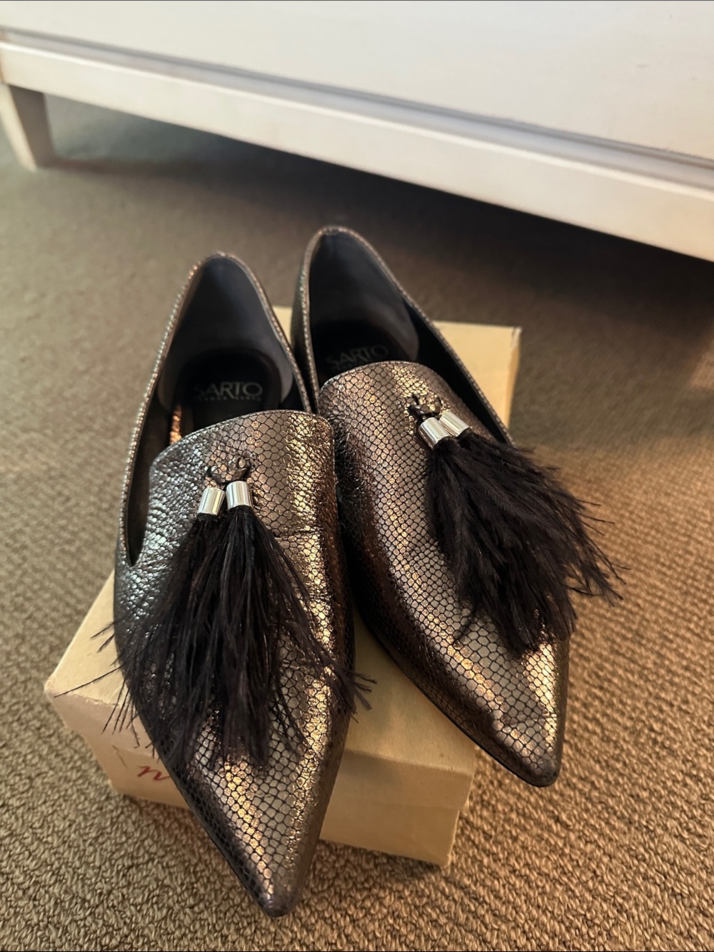 Franco Sarto Metallic Black Pointed Loafers with Feather Tassels